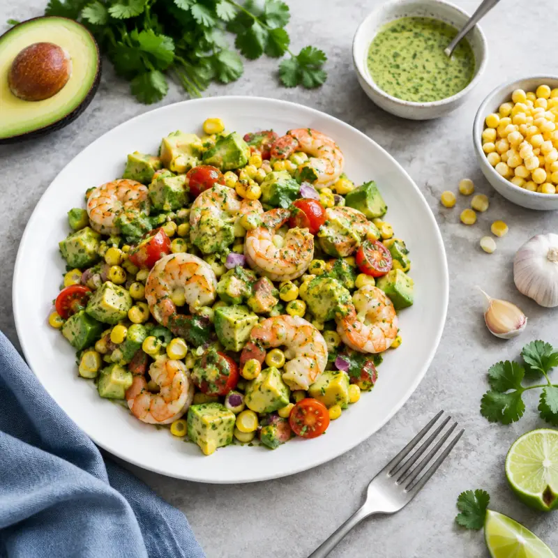 Avocado, Shrimp & Corn Salad with Cilantro-Lime Dressing, plated