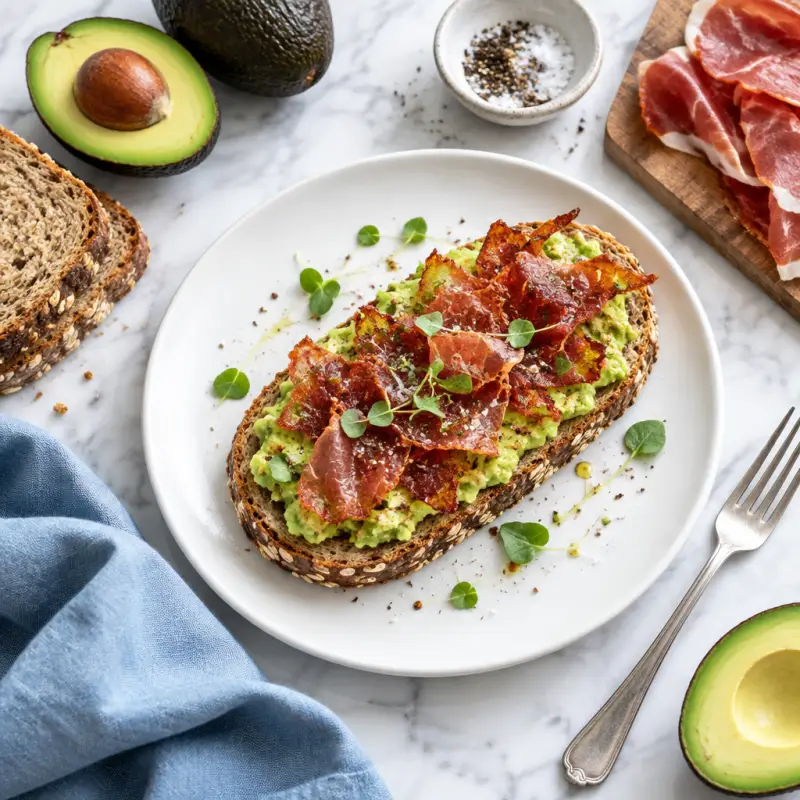 Avocado Toast with Crispy Prosciutto, plated