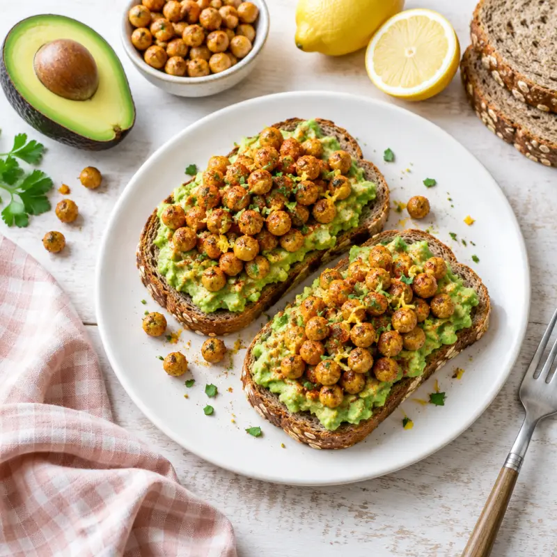 Avocado Toasts with Lemon & Cayenne-Paprika Roasted Chickpeas, plated