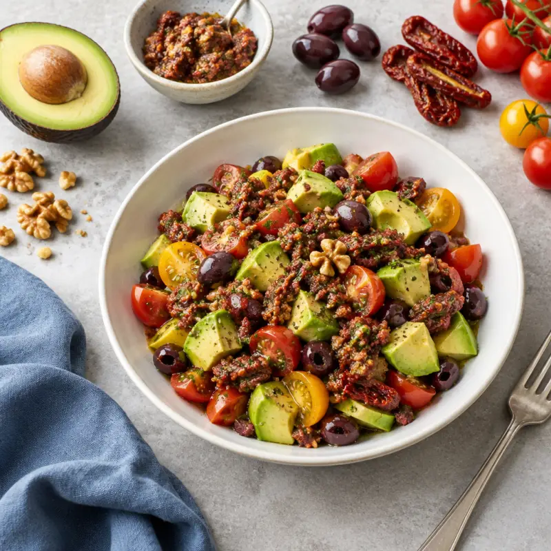 Avocado Tomato Salad with Walnut, Olive & Sun-Dried Tomato Tapenade, plated
