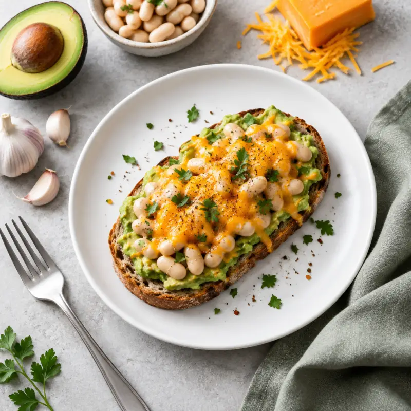 Avocado White Bean Toast with Cheddar, plated