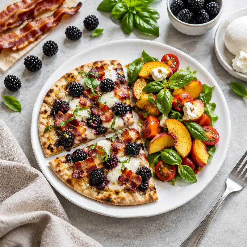 Bacon-Blackberry Pita Pizza with Basil, Tomato & Peach Salad, plated
