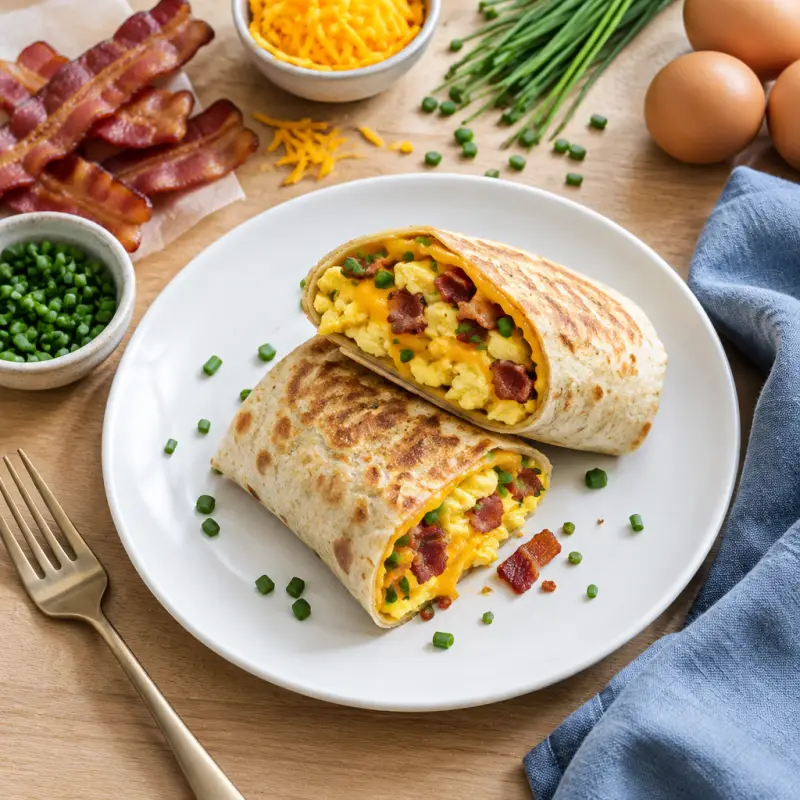 Bacon & Cheddar Tortilla Egg Roll with Chives, plated