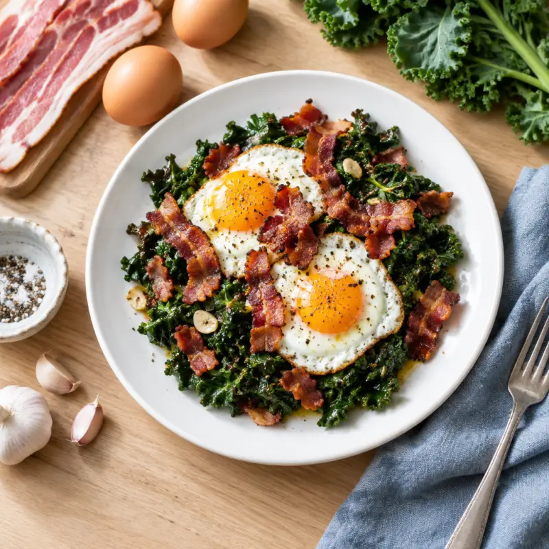 Bacon & Egg Bowl with Wilted Kale, plated
