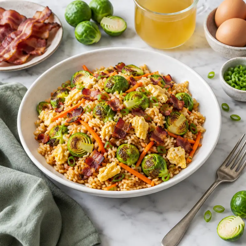 Bacon Fried Rice with Egg, Brussels Sprouts & Carrots, plated
