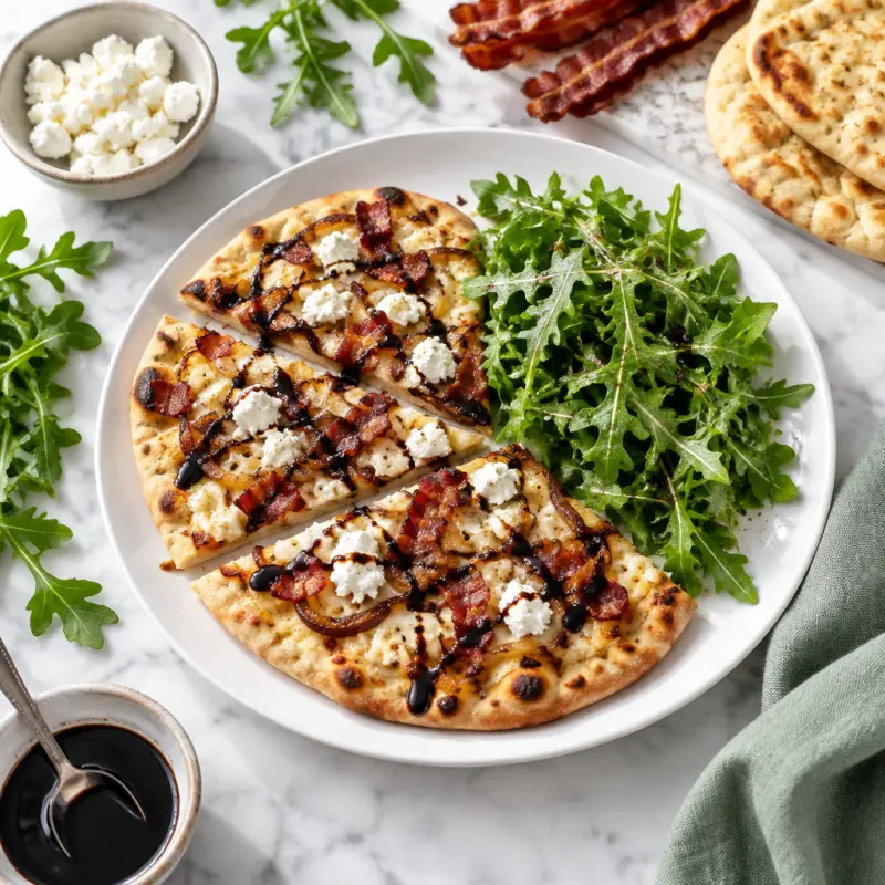 Bacon, Goat Cheese, Onion Pizza with Balsamic Glaze & Arugula Salad, plated