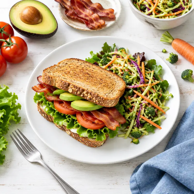 Bacon, Lettuce, Avocado & Tomato Sandwich with Mixed Salad, plated