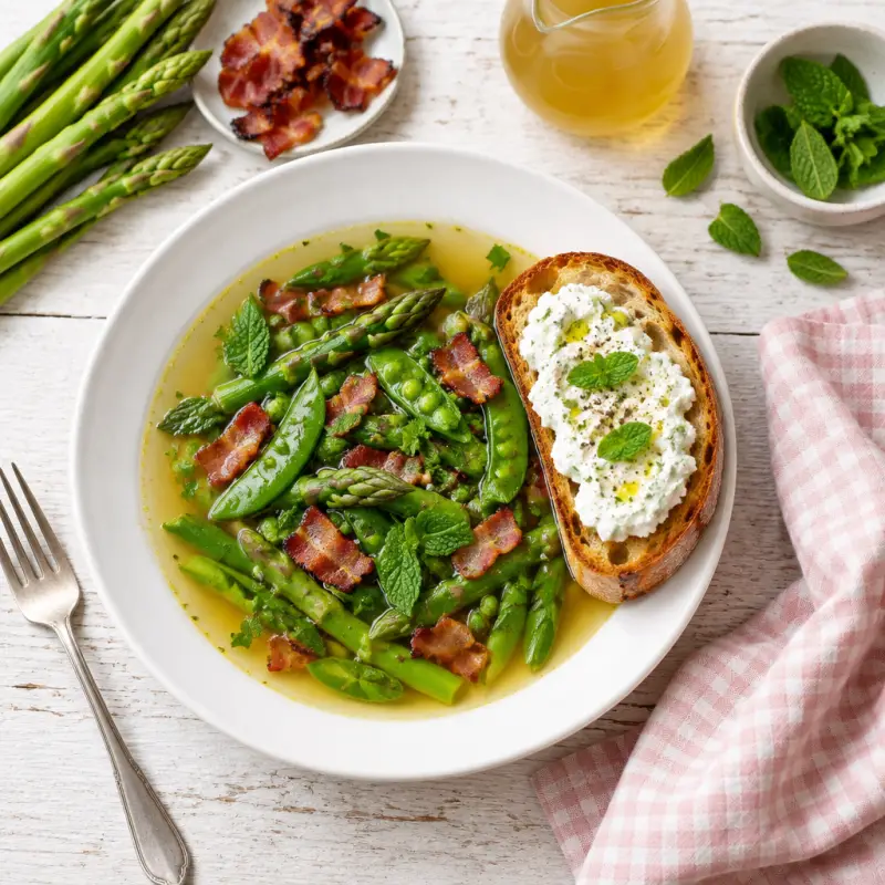Bacon, Snap Pea & Asparagus Broth with Minted Ricotta Toast, plated