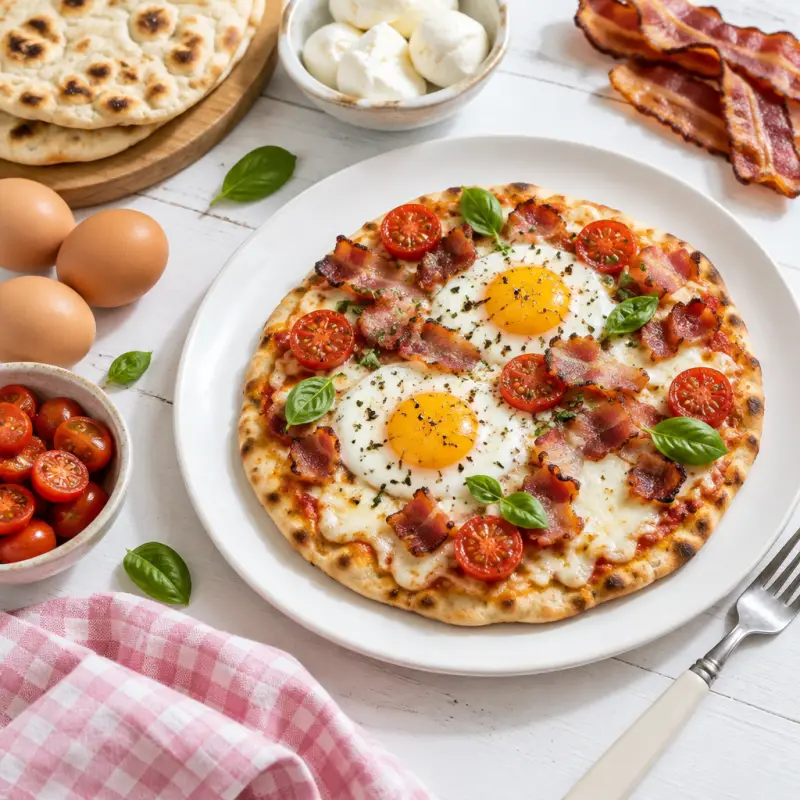 Bacon, Tomato & Mozzarella Breakfast Pizza, plated