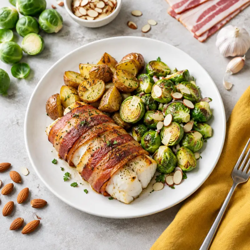 Bacon Wrapped Halibut with Roasted Potatoes & Brussels Sprout Salad, plated