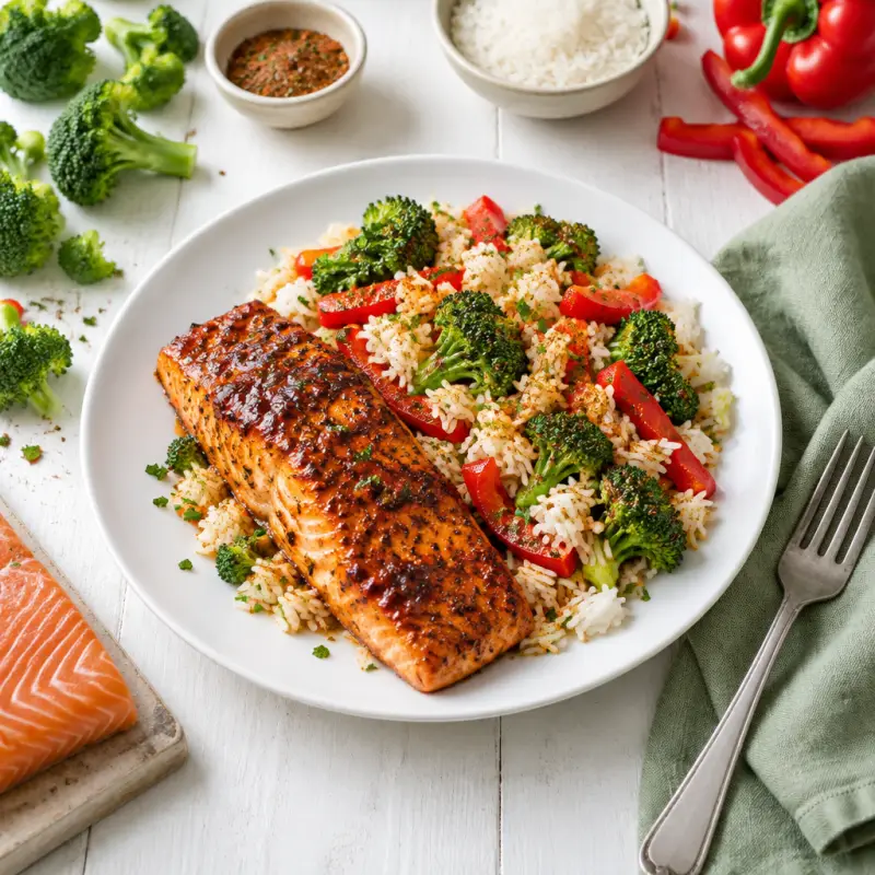 Baked BBQ Salmon with Cajun-Spiced Broccoli, Bell Pepper & Rice, plated