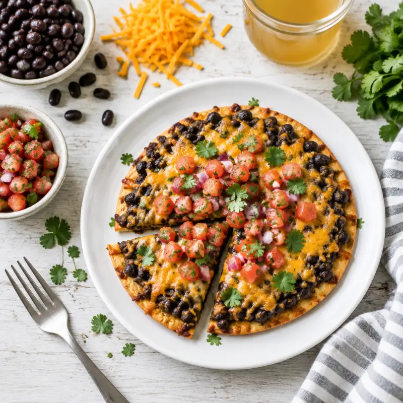 Baked Black Bean & Cheddar "Mexican Pizza" with Pico de Gallo, plated