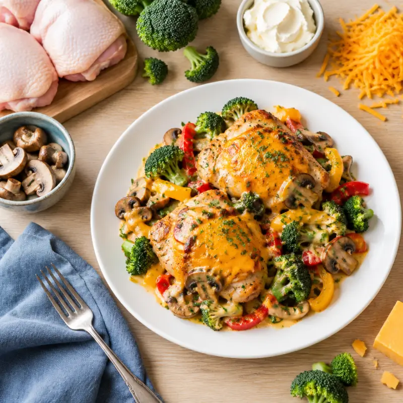 Baked Cheddar Chicken Thighs with Mushrooms, Bell Peppers & Broccoli, plated