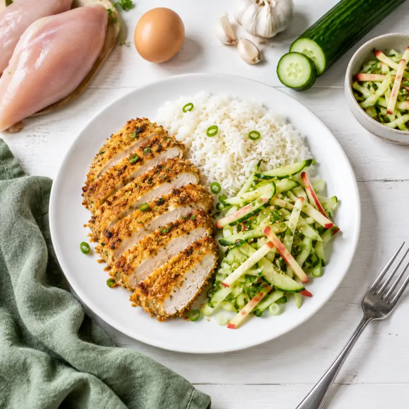 Baked Chicken Katsu with Steamed Rice & Scallion-Cucumber-Apple Slaw, plated