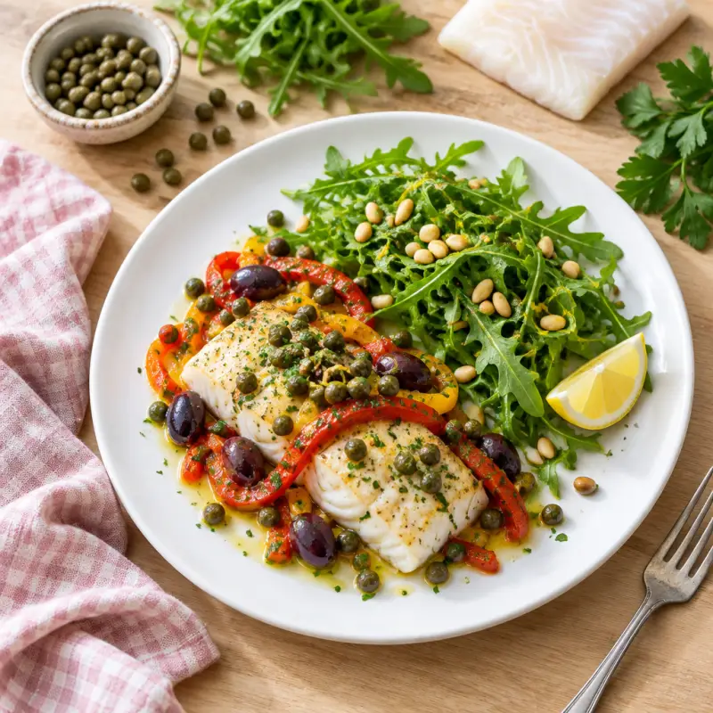 Baked Cod with Peppers, Olives, Capers & Lemony Pine Nut-Arugula Salad, plated