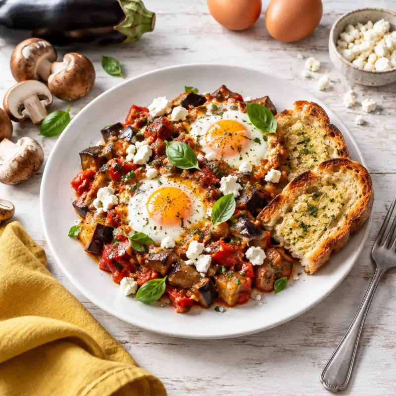 Baked Eggs with Eggplant-Basil Ratatouille, Feta & Garlic Toast, plated