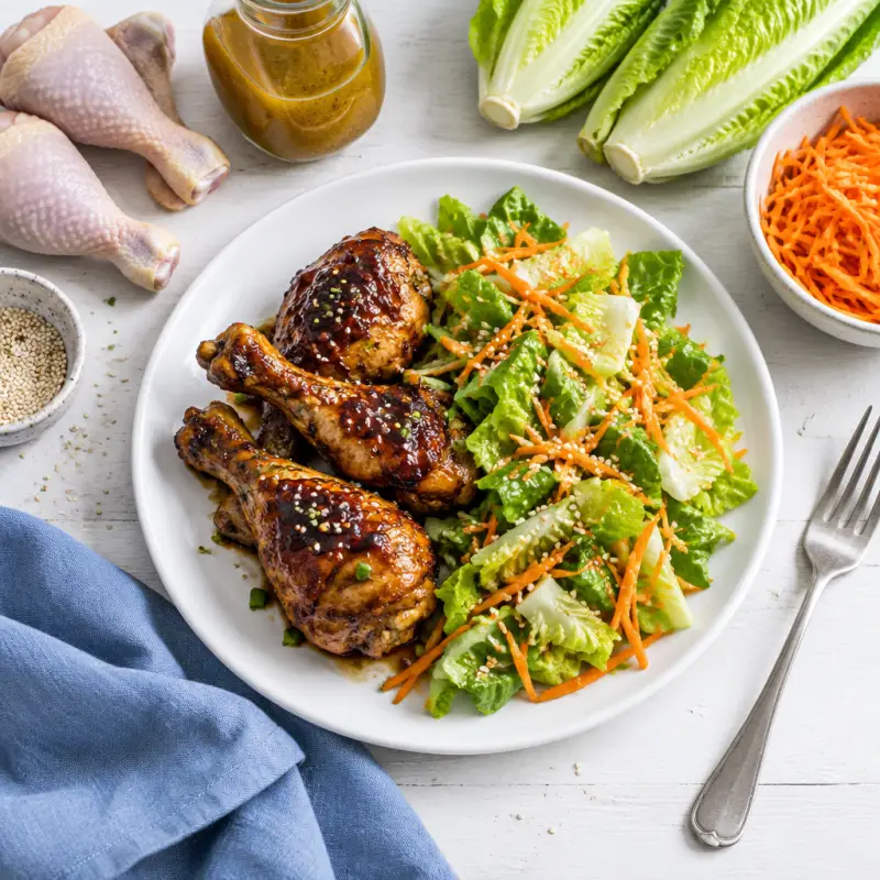 Baked Hoisin Drumsticks with Sesame Romaine & Carrot Salad, plated