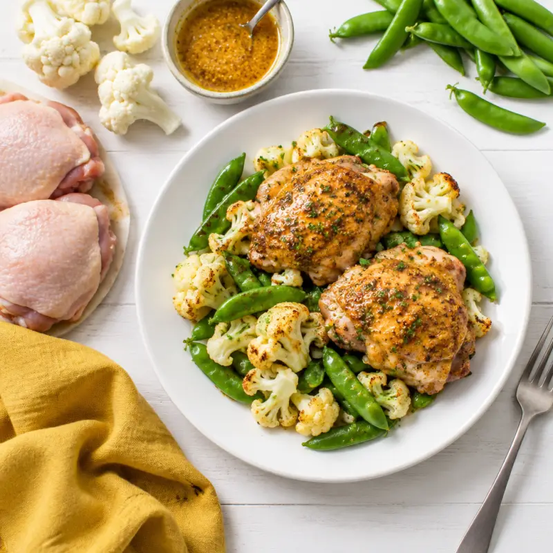 Baked Honey Mustard Chicken Thighs with Cauliflower & Snap Peas, plated