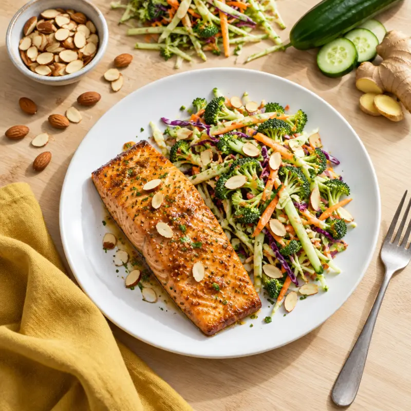 Baked Honey Mustard-Miso Salmon with Mixed Veggie & Almond Slaw, plated