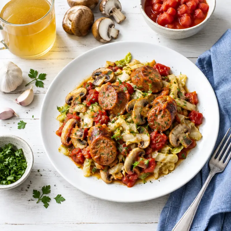 Baked Italian Sausage, Tomato & Mushroom Skillet with Sautéed Cabbage, plated