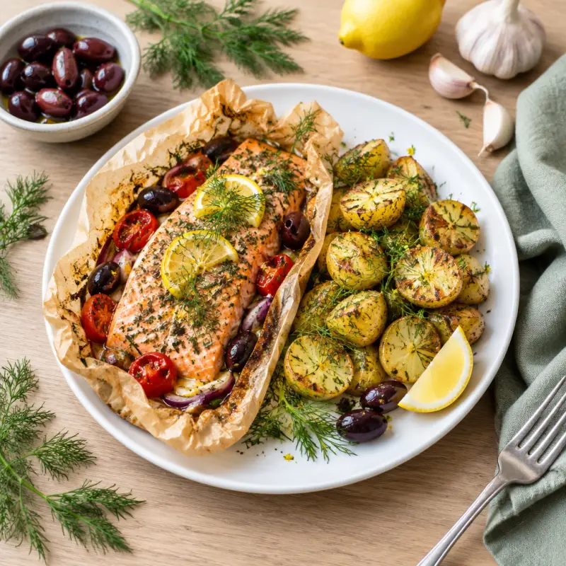 Baked Mediterranean Salmon Parcels with Lemon-Dill Roasted Potatoes, plated
