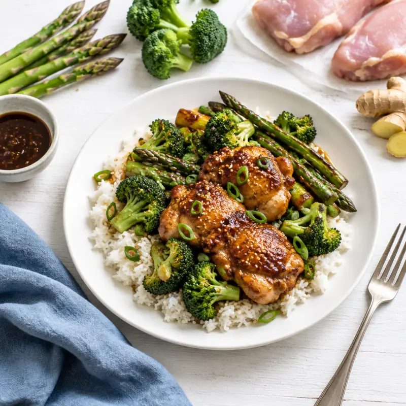 Baked Miso-Hoisin Chicken, Broccoli & Asparagus with Rice, plated