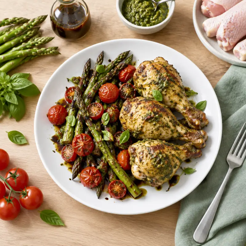 Baked Pesto Drumsticks with Balsamic-Roasted Asparagus & Tomatoes, plated