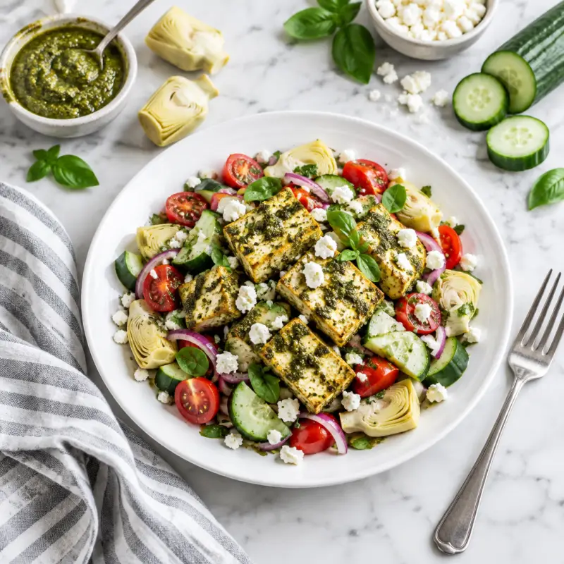 Baked Pesto Tofu over Tomato, Cucumber, Onion, Artichoke & Feta Salad, plated
