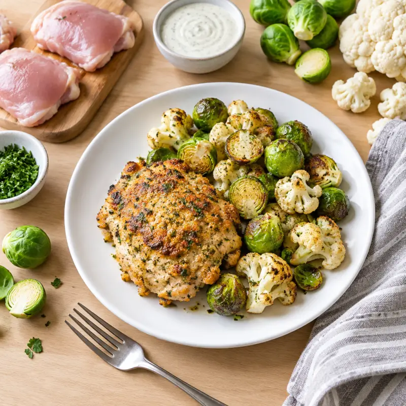 Baked Ranch-Crusted Chicken with Brussels Sprouts & Cauliflower, plated