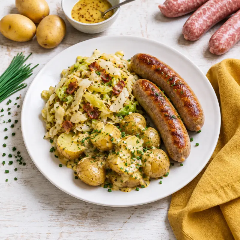 Baked Sausage with German-Style Cabbage & Honey Dijon Potatoes, plated