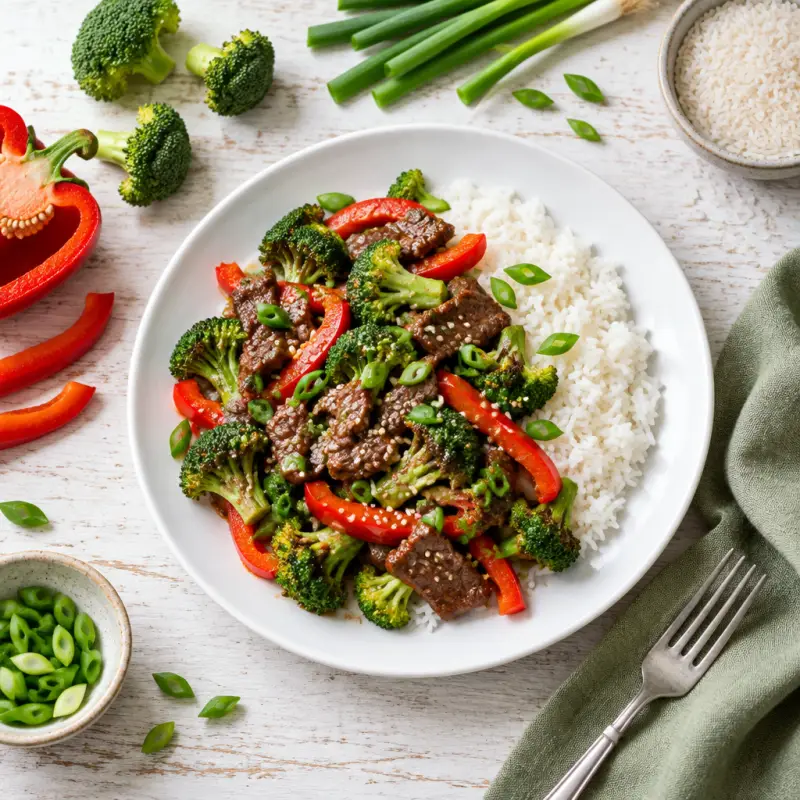 Baked Sesame Beef with Broccoli, Red Pepper, Green Onion & Rice, plated