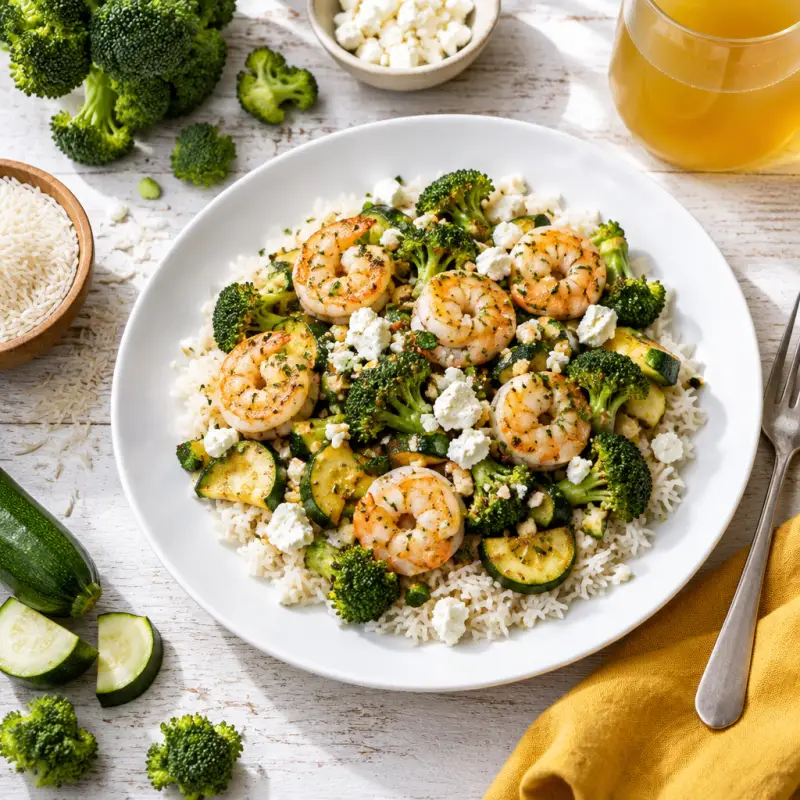 Baked Shrimp, Broccoli, Zucchini, Garlic & Feta Medley over Rice, plated