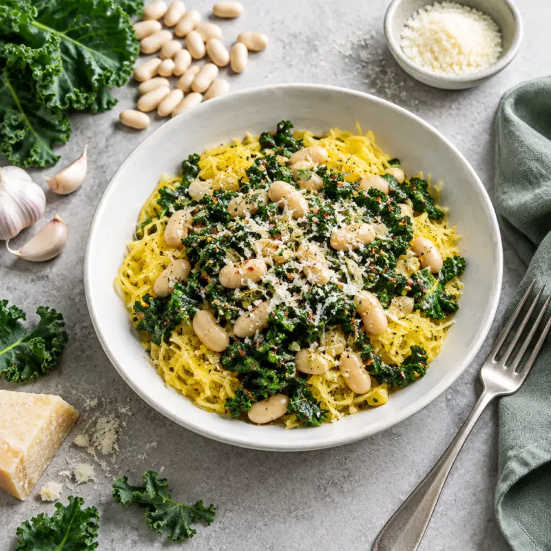 Baked Spaghetti Squash with Kale & Cannellini Bean Sauté, plated