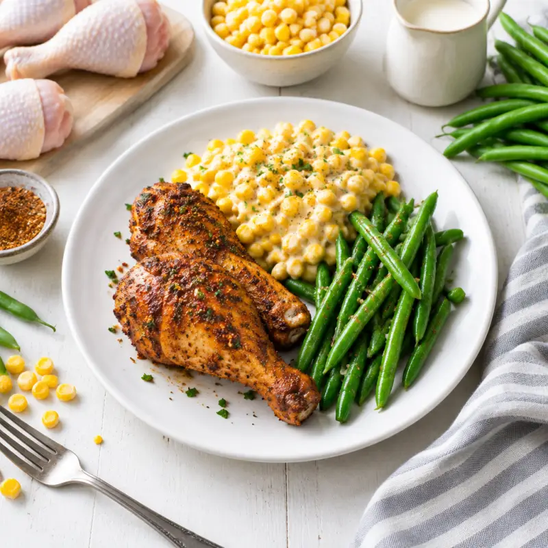 Baked Spicy Cajun Chicken with Creamed Corn & Green Beans, plated