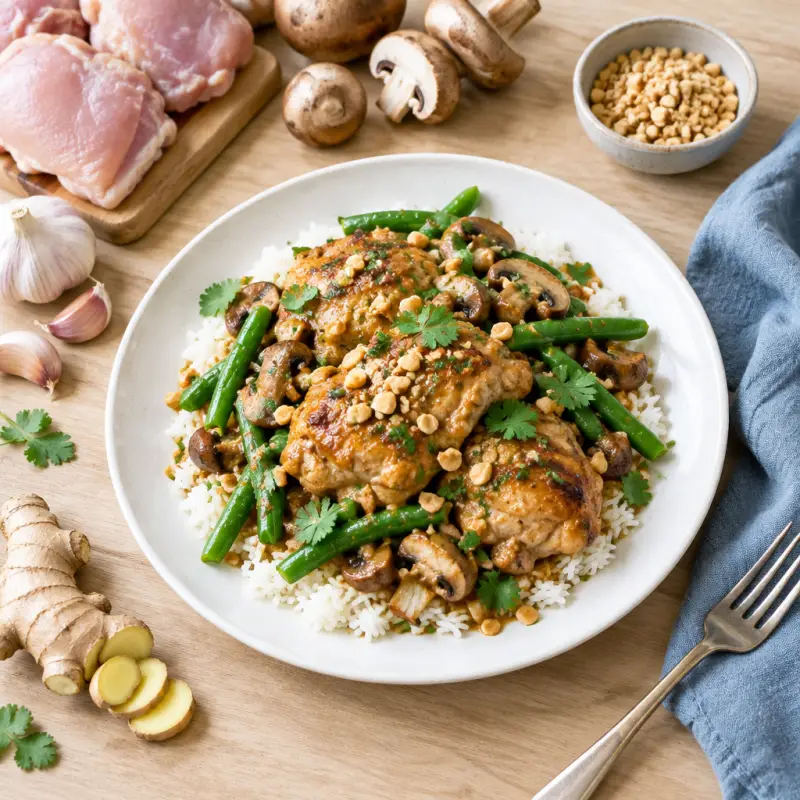 Baked Thai-Style Peanut Chicken with Green Beans, Mushrooms & Rice, plated