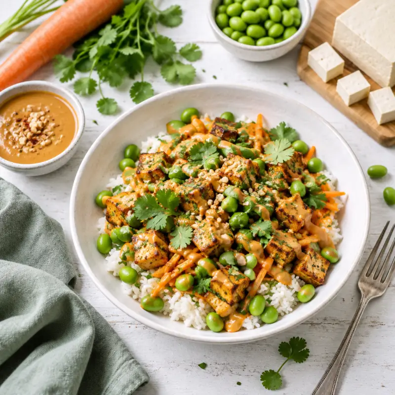 Baked Tofu Rice Bowl with Edamame, Cilantro & Spicy Peanut Sauce, plated