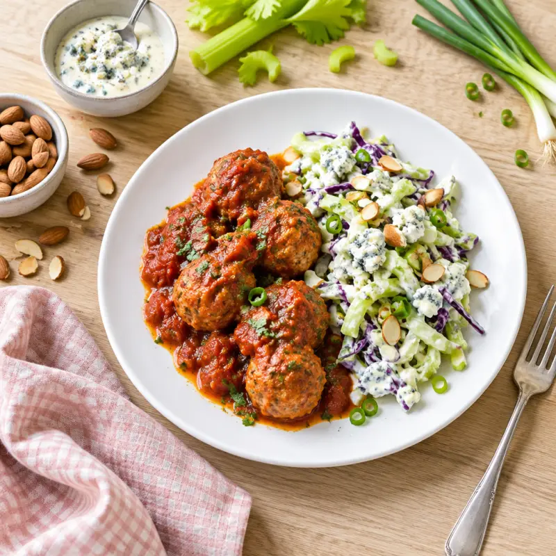 Baked Turkey Meatballs with Spicy Tomato Sauce & Blue Cheese Slaw, plated