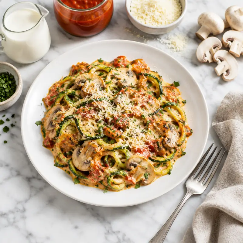 Baked Zucchini Noodles with Mushrooms, Creamy Marinara & Parmesan, plated