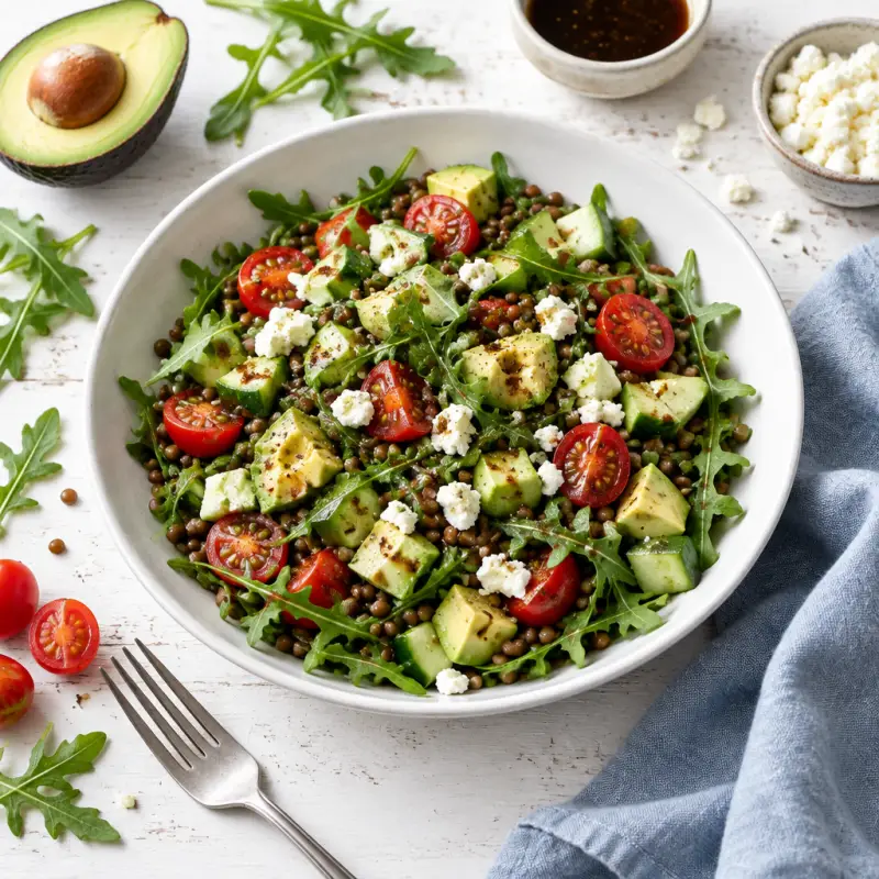 Balsamic Arugula Salad with Lentils, Tomato, Cucumber, Avocado & Feta, plated
