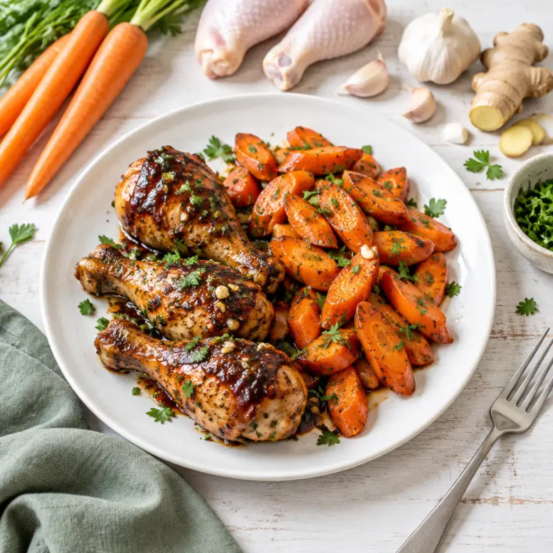 Balsamic Chicken Drumsticks with Garlic & Parsley Sautéed Carrots, plated