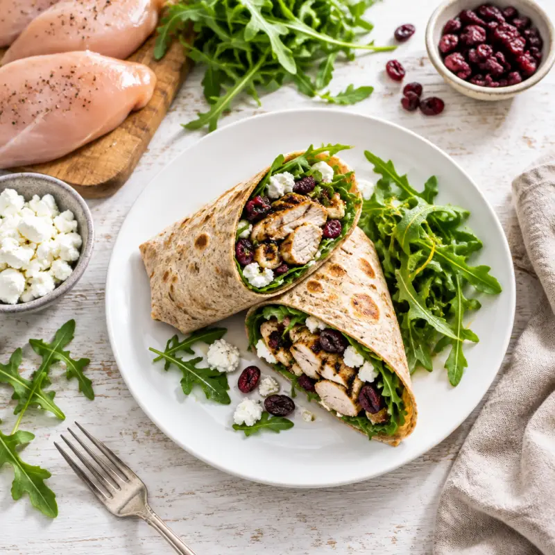 Balsamic Chicken Wrap with Goat Cheese, Cranberries & Lemony Arugula, plated