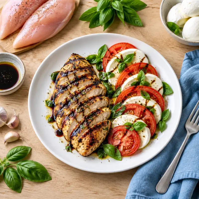 Balsamic Grilled Chicken with Classic Caprese Salad, plated