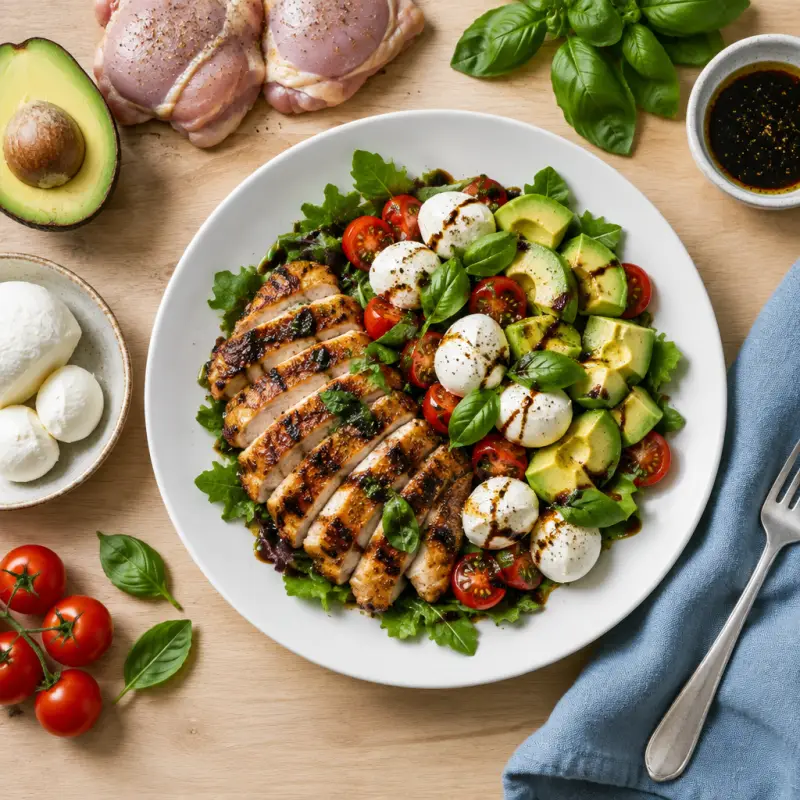 Balsamic Grilled Chicken with Fresh Mozzarella & Avocado Salad Bowl, plated