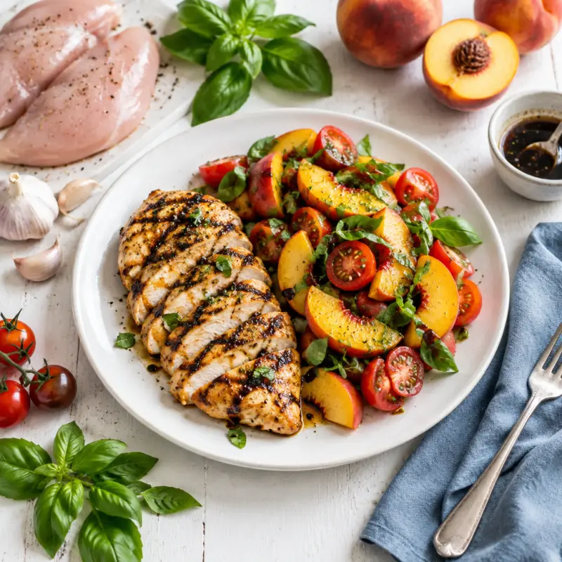 Balsamic Grilled Chicken with Peach, Tomato & Basil Salad, plated