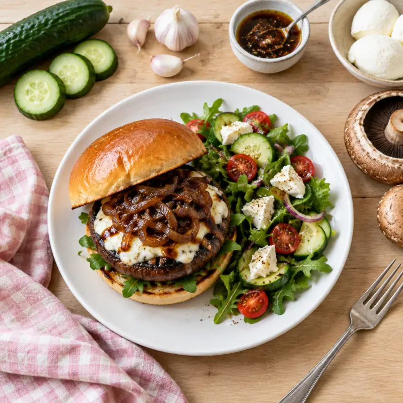 Balsamic Portobello Burger with Caramelized Onions & Side Salad, plated