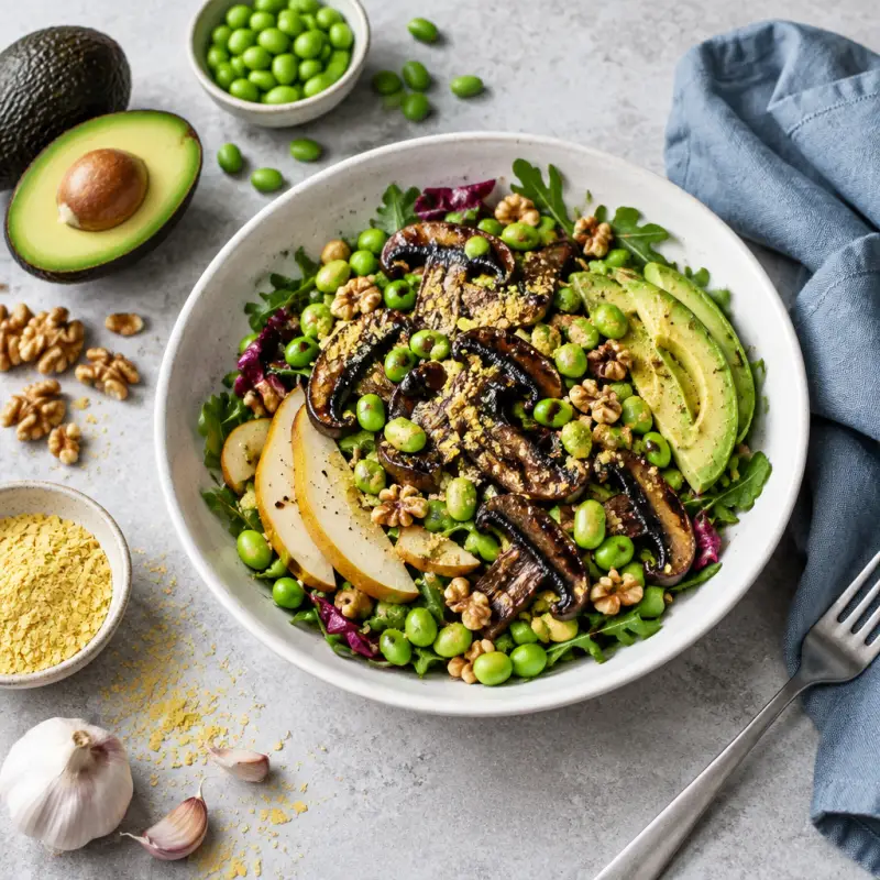 Balsamic Portobello Salad with Pear, Edamame, Walnuts & Avocado, plated