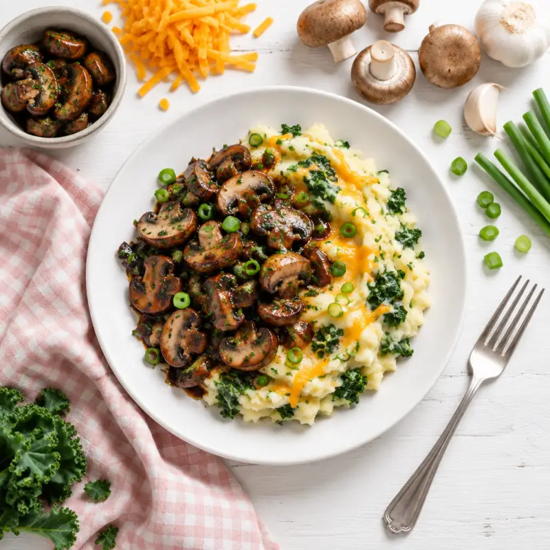 Balsamic Roasted Mushrooms with Cheesy Garlic & Kale Mashed Potatoes, plated