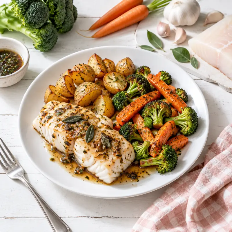 Balsamic-Sage Halibut with Roasted Potatoes, Carrots & Broccoli, plated