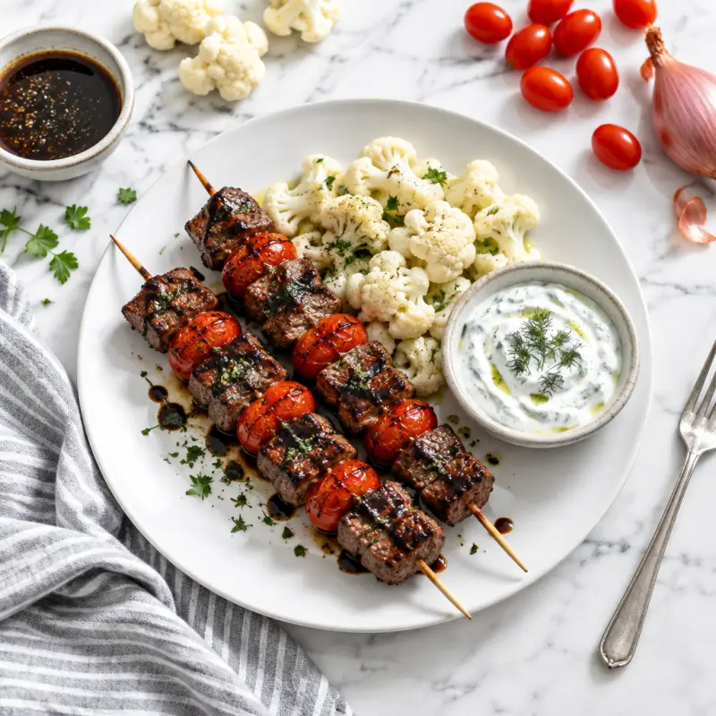 Balsamic Steak-Tomato Skewers with Steamed Cauliflower & Tzatziki, plated