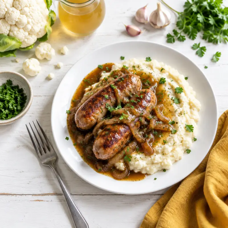 Bangers & Cauliflower Mash with Onion Gravy, plated